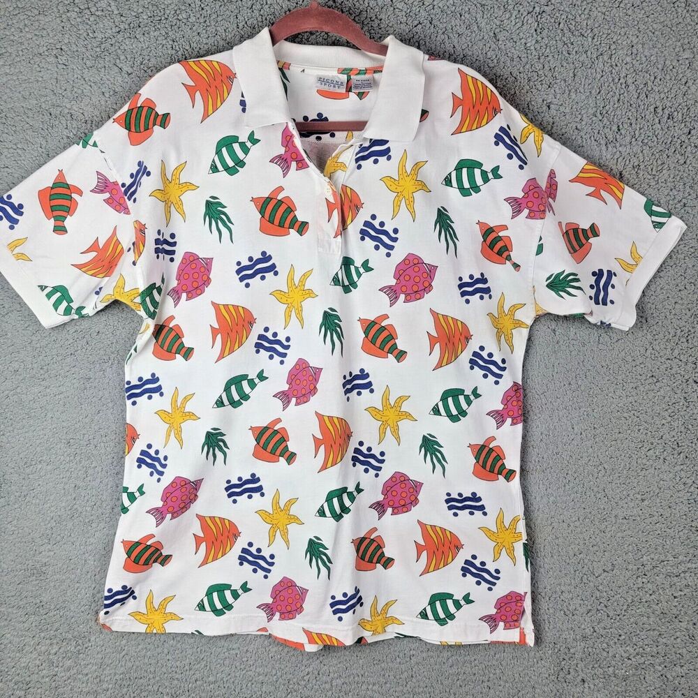 Picone Sport Polo Shirt White L Tropical Fish Print Cotton Collared Resort Beach